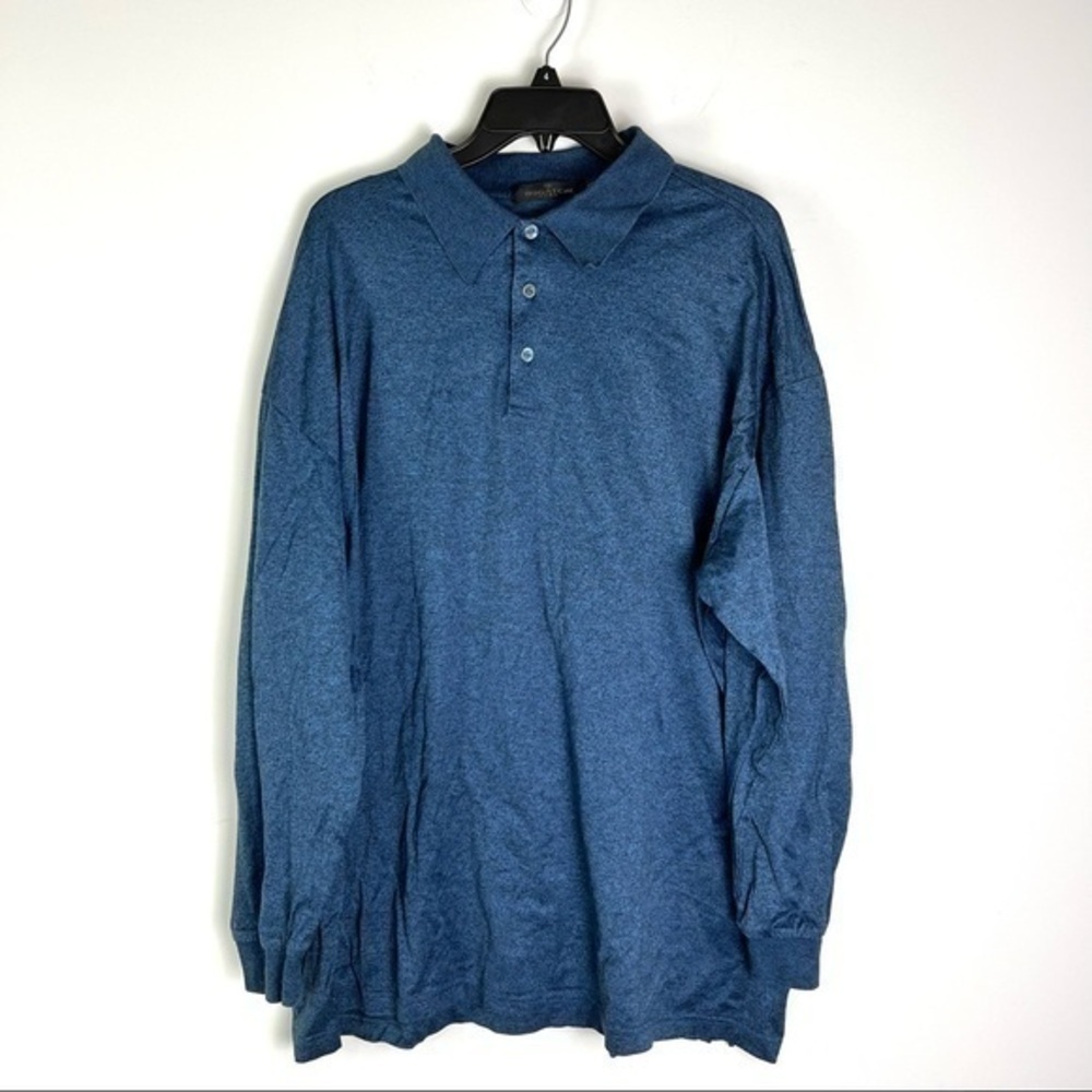 Bugatchi Uomo Mens Polo Shirt Blue Heathered Long Sleeve 100% Cotton XXL